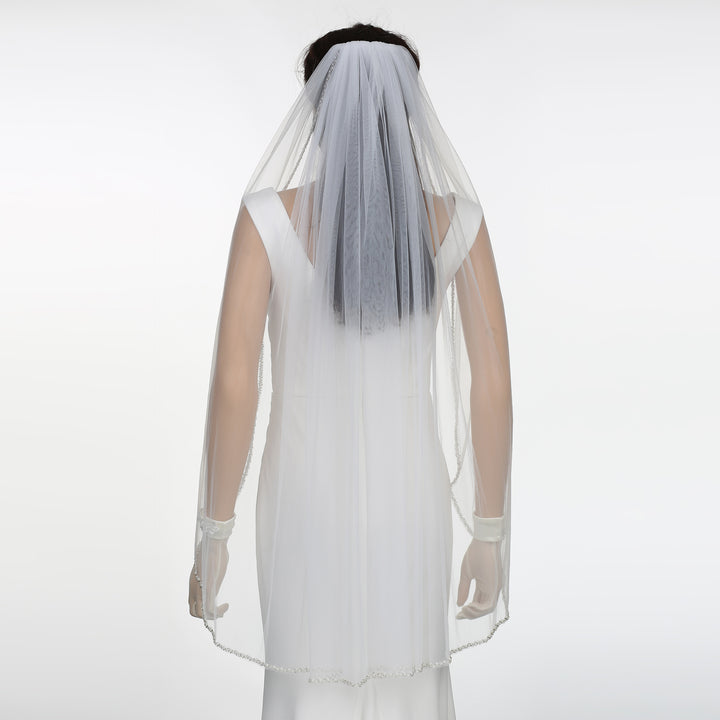 Crystal Beaded Edge Bridal Veil with Bicone Crystals, Soft Tulle, Fingertip Length FS6353